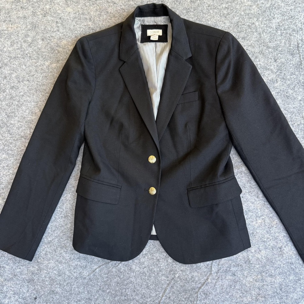 J.Crew Blazer Womens 4 Black Wool Blend‎ Gold Button Lined Striped Style 92480